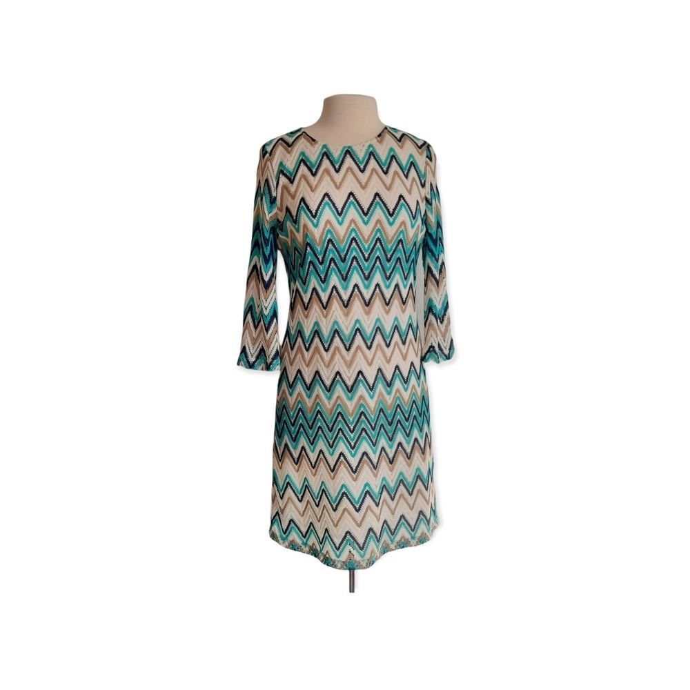 Tacera Dress size small white teal and tan